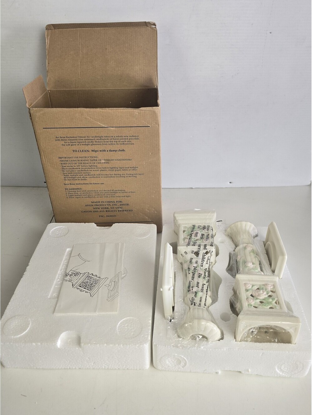 Avon Gift Collection Bisque Porcelain Rose Motif Candle Holders NIB